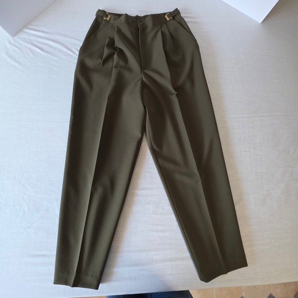Fundamental Things Pants - Vintage Pleated High Waist Trousers Side Buckle Size 12 Olive Green 80s Office